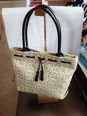 Dooney & Bourke Beige Logo Tote W/ Black Leather Handles & Trim Euc